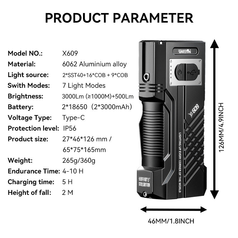 Warsun X609 Power Torch Rechargeable Portable Flashlight